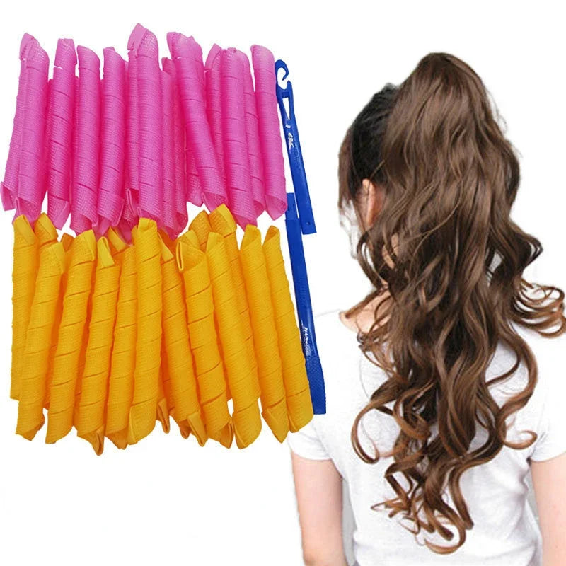 Set of pink and orange Soulful Trading Magic Hair Curlers displayed next to an image of long, mermaid-wave style brown hair.