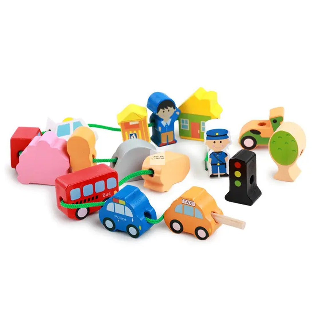 A collection of colorful wooden Soulful Trading Montessori Large Particle Beaded Toys for Kids including vehicles, figures, and trees on a white background.