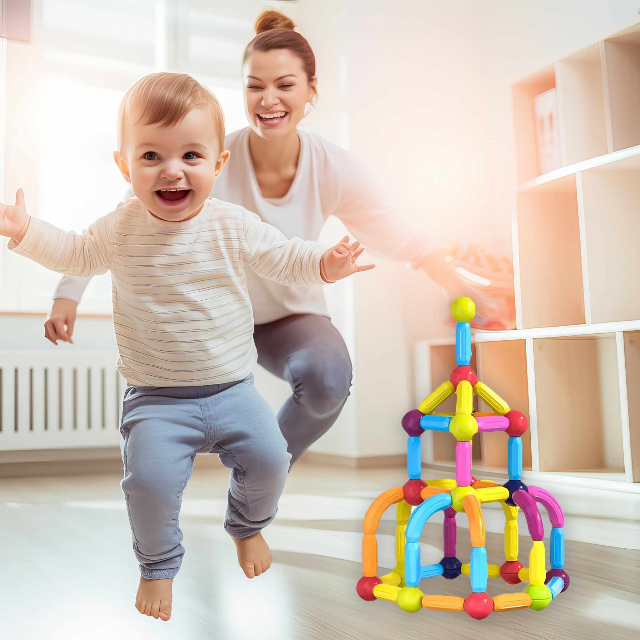 A toddler joyfully walking towards a colorful Soulful Trading Magnetic Sticks Building Blocks structure, with a smiling woman encouraging him from behind in a bright room.