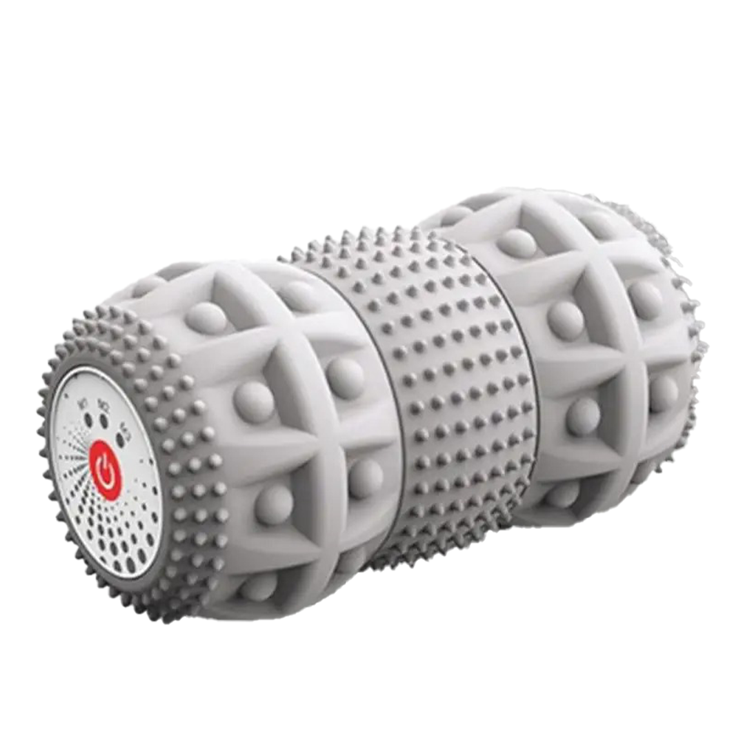 A Soulful Trading Myofascial Roll Massage Roller with various patterns and a power button, used for deep tissue massage and relaxation.