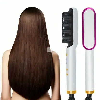 Woman with long, straight brown hair flanked by images of a Soulful Trading 2 in 1 Straightening Brush and a hairbrush on a white background.