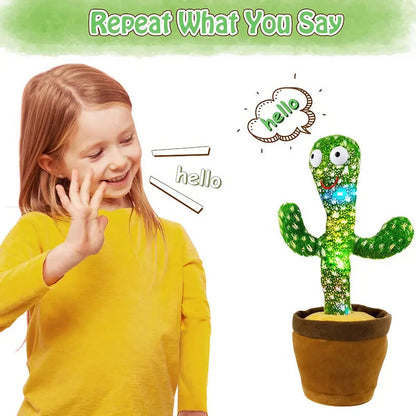 A young girl smiling and waving at an Original Dancing Cactus Toy by Soulful Trading that repeats words, illustrated with a speech bubble saying &quot;hello&quot;.