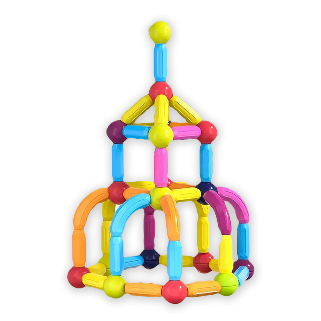Colorful Soulful Trading Magnetic Sticks Building Blocks assembled into a geometric structure, featuring multi-colored sticks connected by balls, isolated on a black background.
