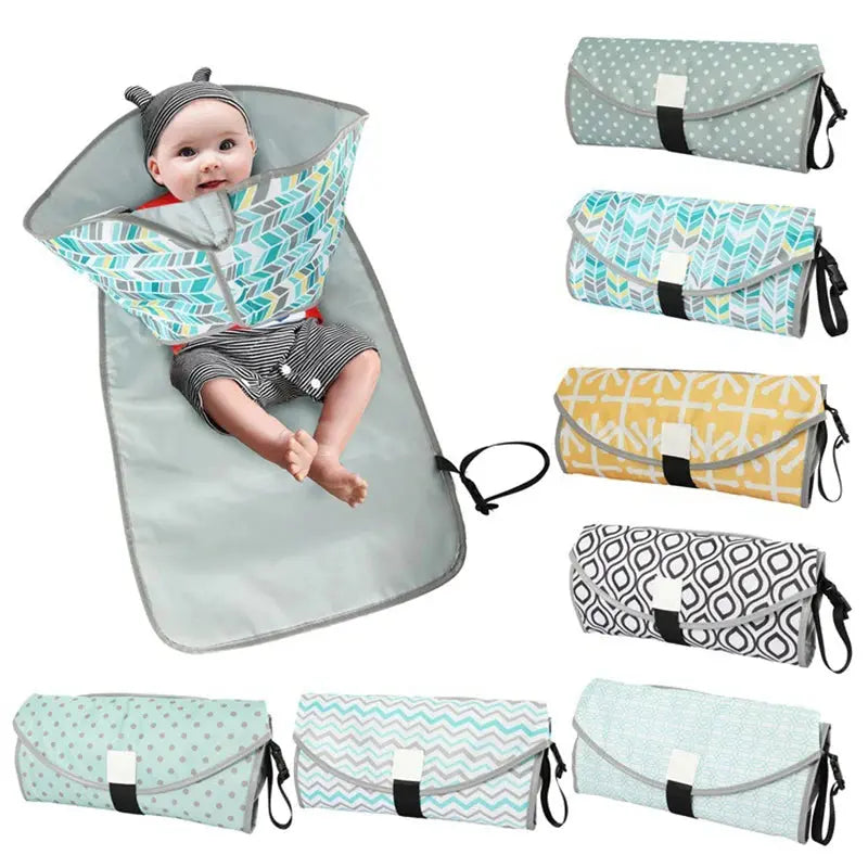 A baby entertained on a Baby Essentials-4 3-in-1 Hands Folding Diaper Bag that unfolds into a pad, surrounded by images of the mat in various patterns and colors folded up as a clutch.