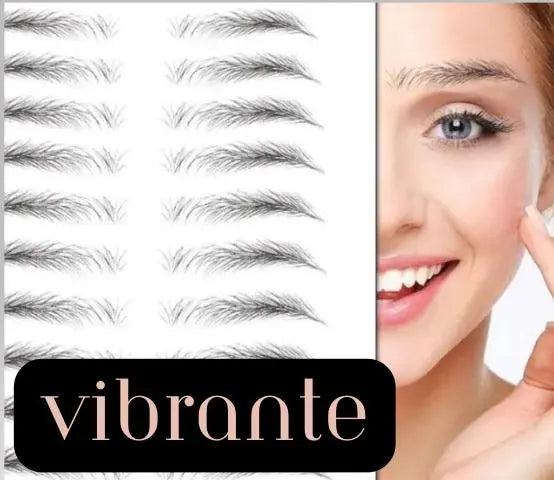 Image showing various feathery eyebrow styles on the left and a smiling woman touching her eyebrow on the right, with the word &quot;Health &amp; Beauty-5 4D Waterproof Fake Eyebrow Tattoo Sticker&quot; at the bottom.