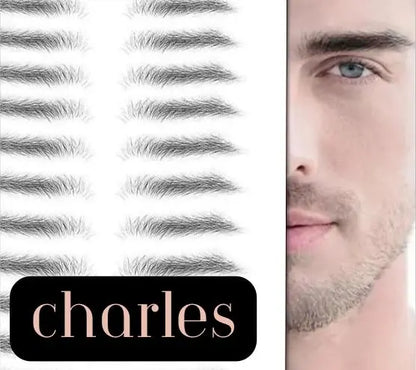 Variety of eyebrow styles with micro-blading displayed next to a close-up image of a man with one visible blue eye and styled eyebrows, labeled &quot;Health &amp; Beauty-5 4D Waterproof Fake Eyebrow Tattoo Sticker.