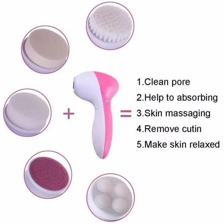 Image of a pink Health &amp; Beauty-5 5 in 1 Electric Pore Deep Cleansing Brush and five interchangeable heads, each designed for different skin care functions like cleaning pores and massaging.