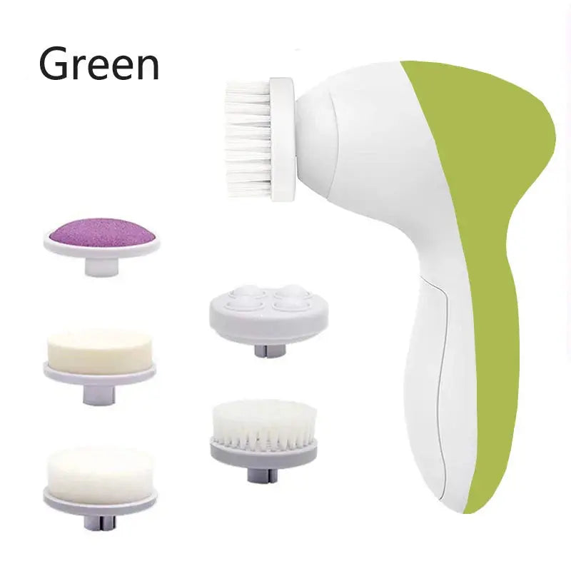 An electric Health &amp; Beauty-5 Electric Pore Deep Cleansing Brush with various detachable heads, including brushes and a sponge, displayed on a white background.