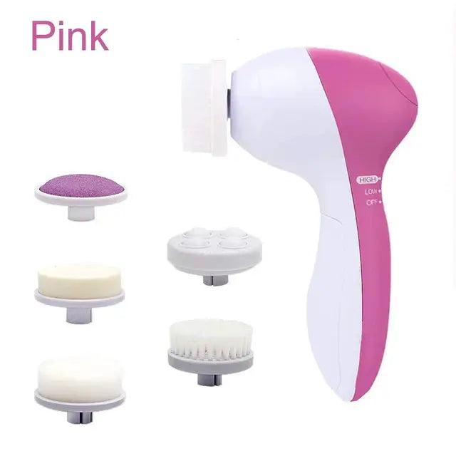 A pink and white Health &amp; Beauty-5 5 in 1 Electric Pore Deep Cleansing Brush with multiple detachable heads for different skin care functions, displayed against a white background.
