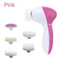 A pink and white Health & Beauty-5 5 in 1 Electric Pore Deep Cleansing Brush with multiple detachable heads for different skin care functions, displayed against a white background.