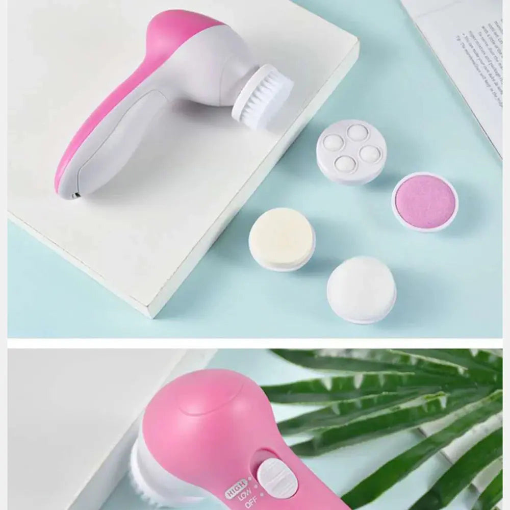 Top: a Health &amp; Beauty-5 5 in 1 electric pore deep cleansing brush with interchangeable heads on a book. Bottom: the same pink Health &amp; Beauty-5 brush displayed next to green leaves.