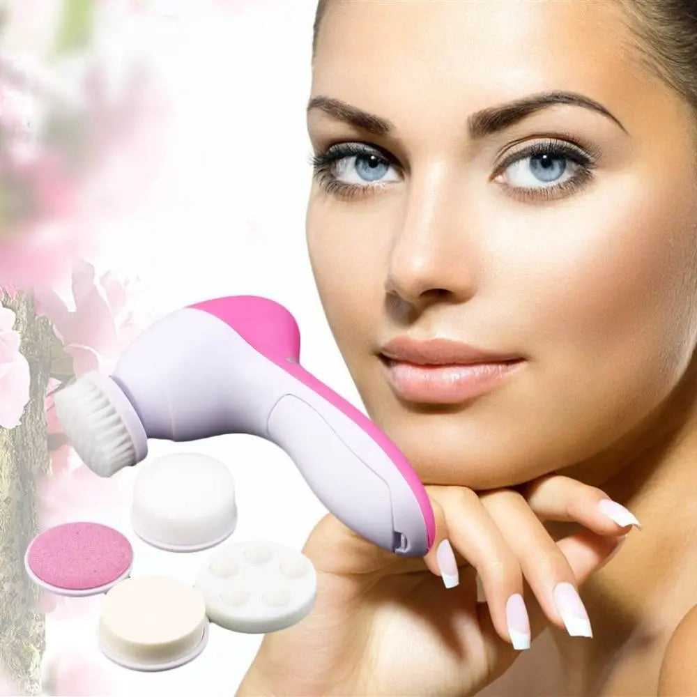 A woman with clear skin and blue eyes is featured alongside a Health &amp; Beauty-5 5 in 1 Electric Pore Deep Cleansing Brush with various attachments, set against a soft floral background.