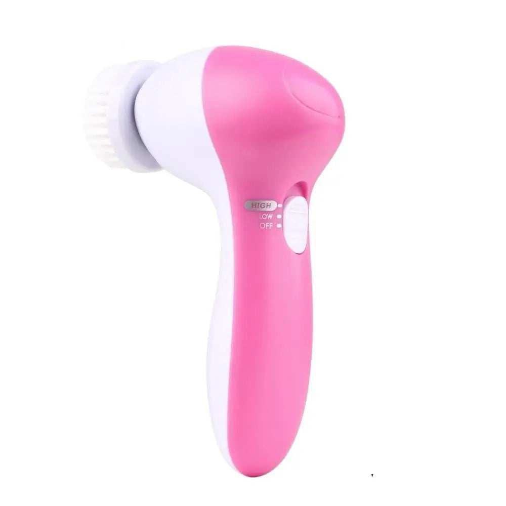 A pink and white Health &amp; Beauty-5 5 in 1 Electric Pore Deep Cleansing Brush with a rotating head, featuring a single control button labeled with &quot;high,&quot; &quot;low,&quot; and &quot;off.