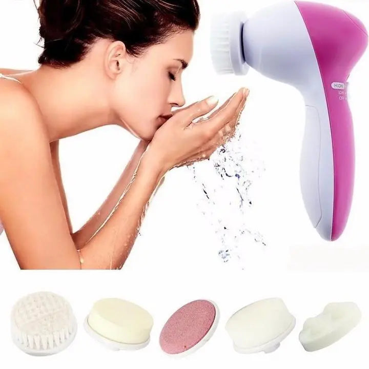 Woman washing face with water, and a Health &amp; Beauty-5 5 in 1 Electric Pore Deep Cleansing Brush with multiple attachments displayed nearby.