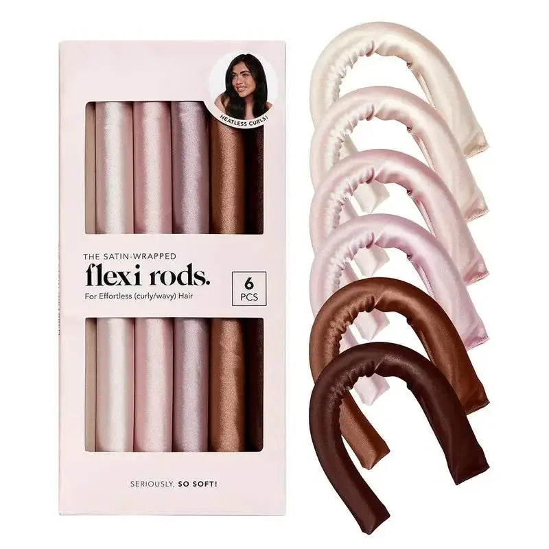 Product packaging for Lazy Heatless Curling Rod hair rollers in assorted colors for creating heat-free curls, featuring six pieces with a small image of a woman. Brand: Soulful Trading