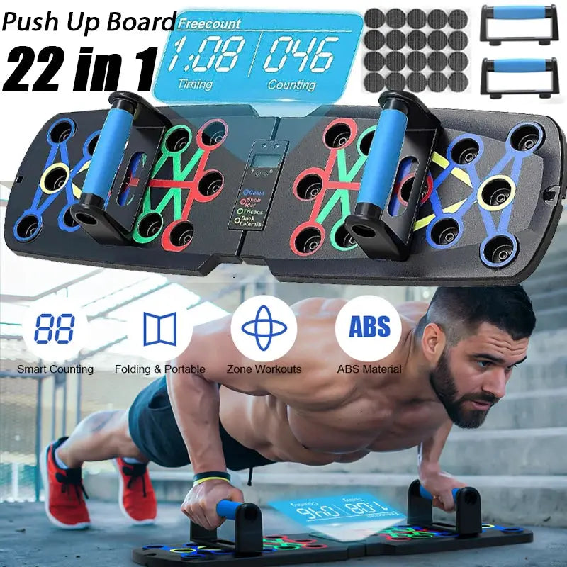 Man using a Soulful Trading 22 in 1 Push Up Board system, displayed next to digital features and parts of the board.