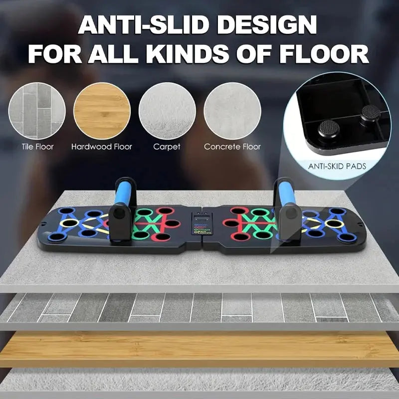 22 in 1 Push Up Board with anti-skid pads and resistance training tubes, displayed on various floor types like tile, hardwood, carpet, and concrete, emphasizing its adaptability and stability by Soulful Trading.