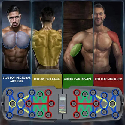 Four-panel image showing men demonstrating targeted muscle groups (pectoral, back, triceps, shoulder) for the Soulful Trading 22 in 1 Push Up Board.