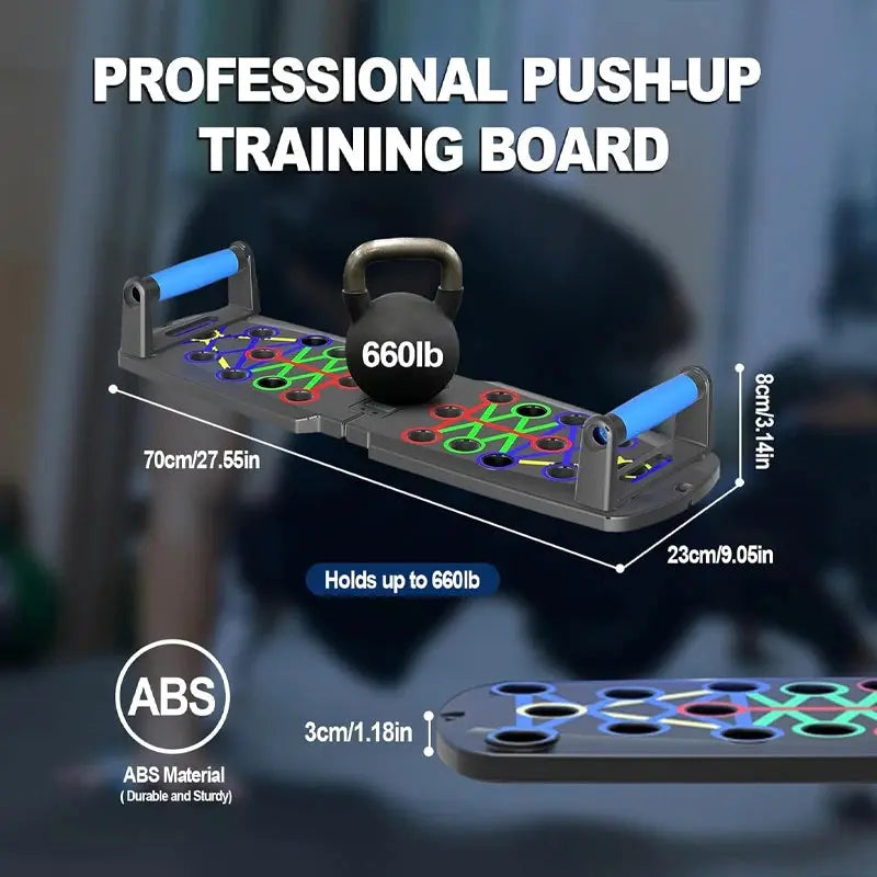 A Soulful Trading 22 in 1 Push Up Board, a multifunctional home fitness equipment push-up rack system displaying various hand placement positions, weight capacity of 660 lb, and dimensions. Features durable abs material construction.