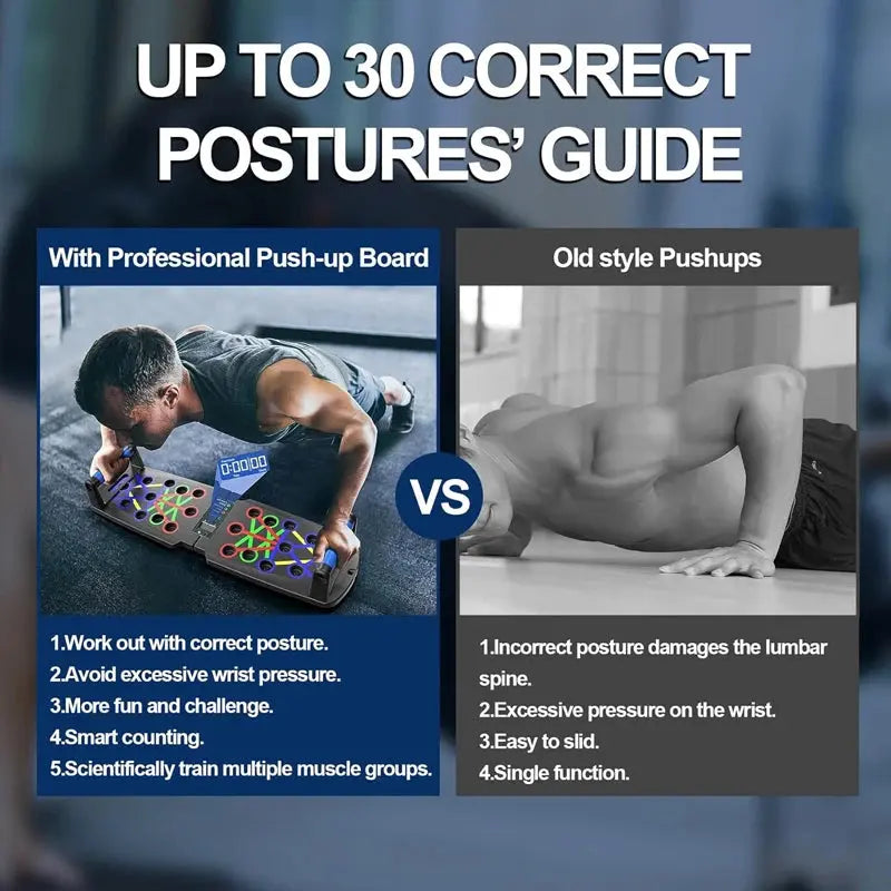 Comparison image showing a man using the Soulful Trading 22 in 1 Push Up Board for various postures on the left, and a man doing a traditional push-up on the right, highlighting differences and benefits.