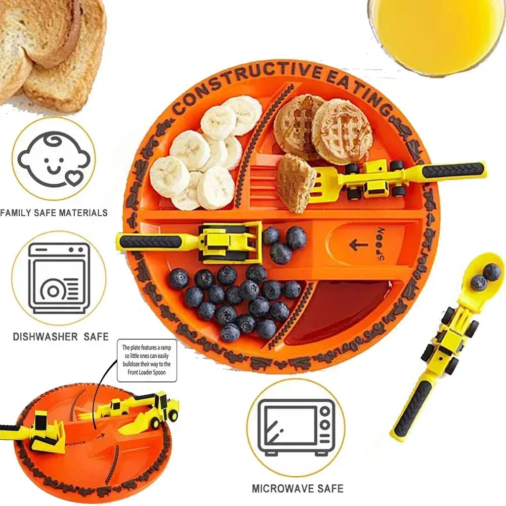 A bright orange, Montessori-inspired Baby Tableware Set from Soulful Trading with divided sections containing toast, bananas, and blueberries, accompanied by utensil toys resembling construction tools.