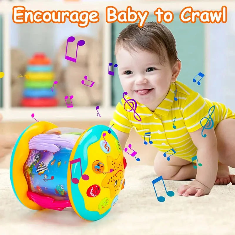 A smiling baby in a yellow shirt crawling towards a colorful Soulful Trading Enchanting Baby Musical Ferris Wheel on a carpet, with text &quot;encourage baby to crawl&quot; and musical notes around.