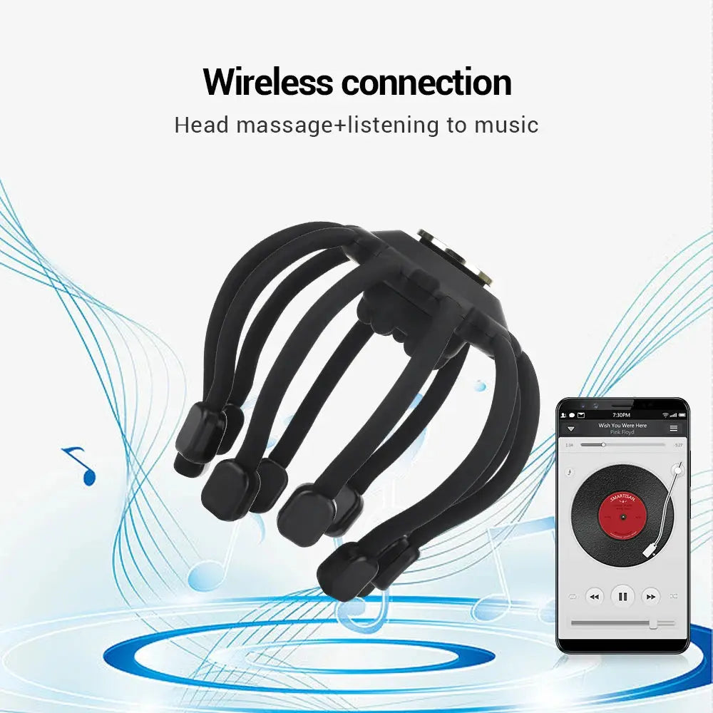 A Soulful Trading Ultra Scalp Massager with multiple arms connected wirelessly to a smartphone displaying a music app, set against a background with blue swirling lines and musical notes.