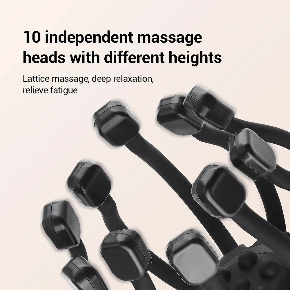 An arrangement of ten Ultra Scalp Massagers from Soulful Trading with various heights displayed against a gray background, promoting deep relaxation and stress reduction.