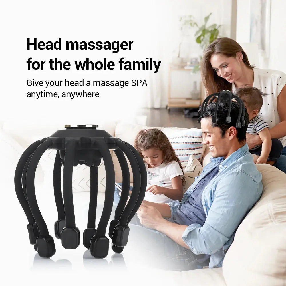 A family of four, including parents and two children, uses a Soulful Trading Ultra Scalp Massager while seated together on a sofa in a living room.