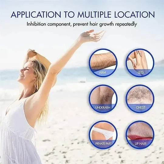 Woman in white dress on beach, joyfully stretching arms up, with circles highlighting the painless hair-removal effectiveness of Soulful Trading&