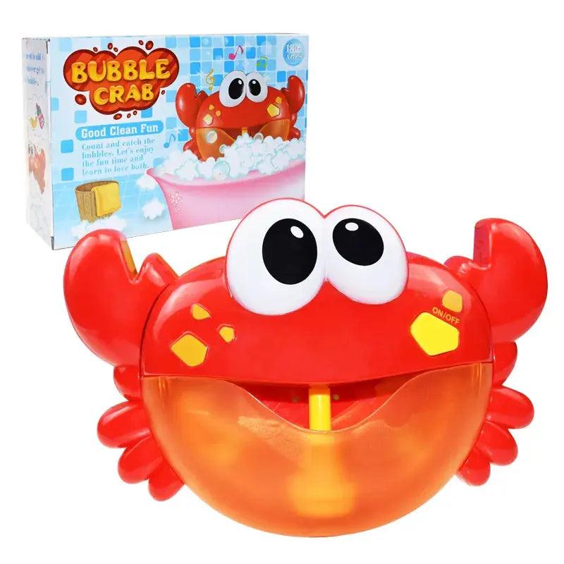 A red Bubble Crabs Baby Bath Toy with large white eyes and a cheerful expression, accompanied by its packaging box labeled &quot;bubble crab,&quot; now enhanced as a baby bath toy from Soulful Trading.