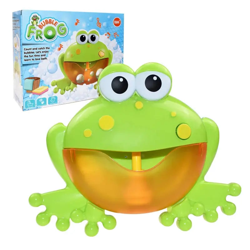 A bright green and yellow plastic Bubble Crabs Baby Bath Toy, functioning as a bubble maker, with large white eyes, accompanied by its colorful packaging box in the background.