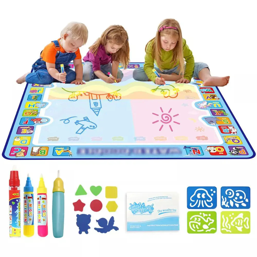 Three children play on a Soulful Trading Water Drawing Mat with drawing tools and stencils included.