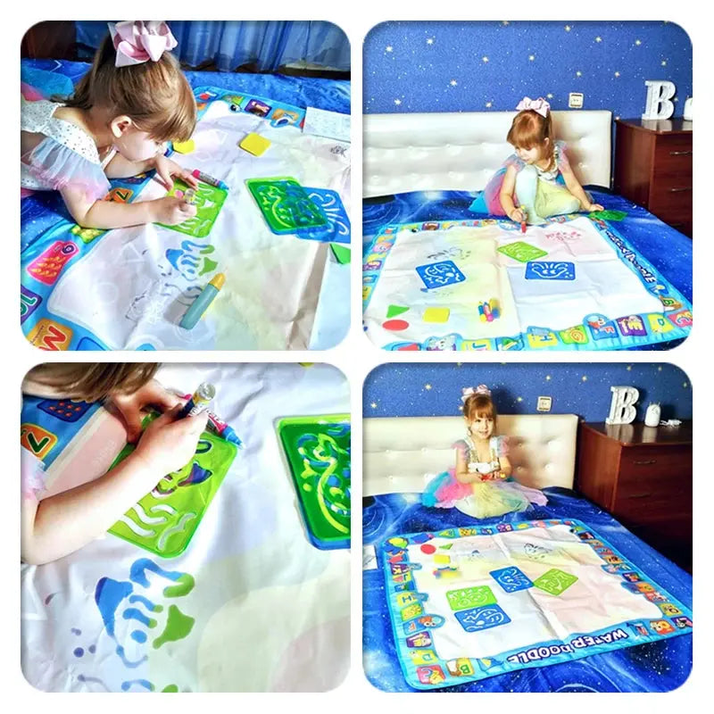 A collage of four images showing a young girl playing with a Soulful Trading Water Drawing Mat on a playmat in her bedroom.