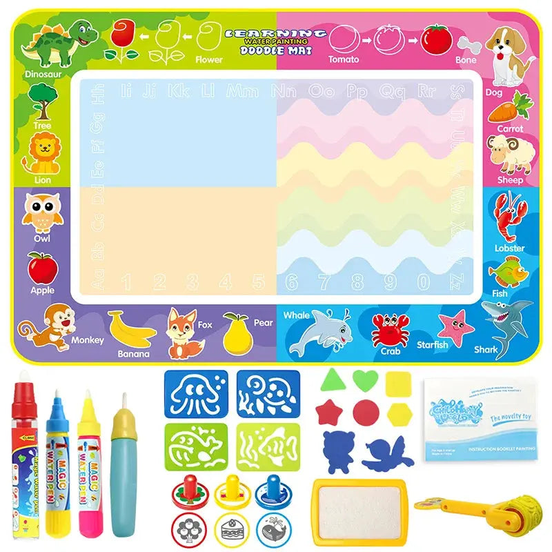 Interactive Water Drawing Mat with alphabet, animals, and sea theme, accompanied by water pens, stamps, and stencils by Soulful Trading.