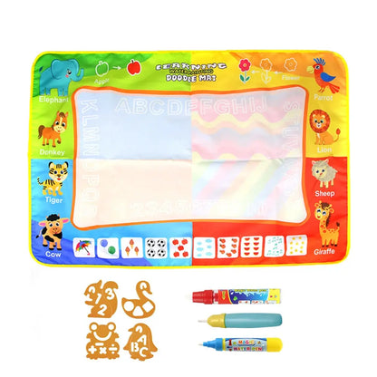 Interactive Water Drawing Mat featuring alphabet and animal illustrations, with two water pens and number-shaped stencils included.