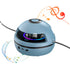 Blue, spherical desktop speaker with led lights, displaying digital time and musical notes graphics, featuring Bluetooth-compatible music functionality by Soulful Trading.