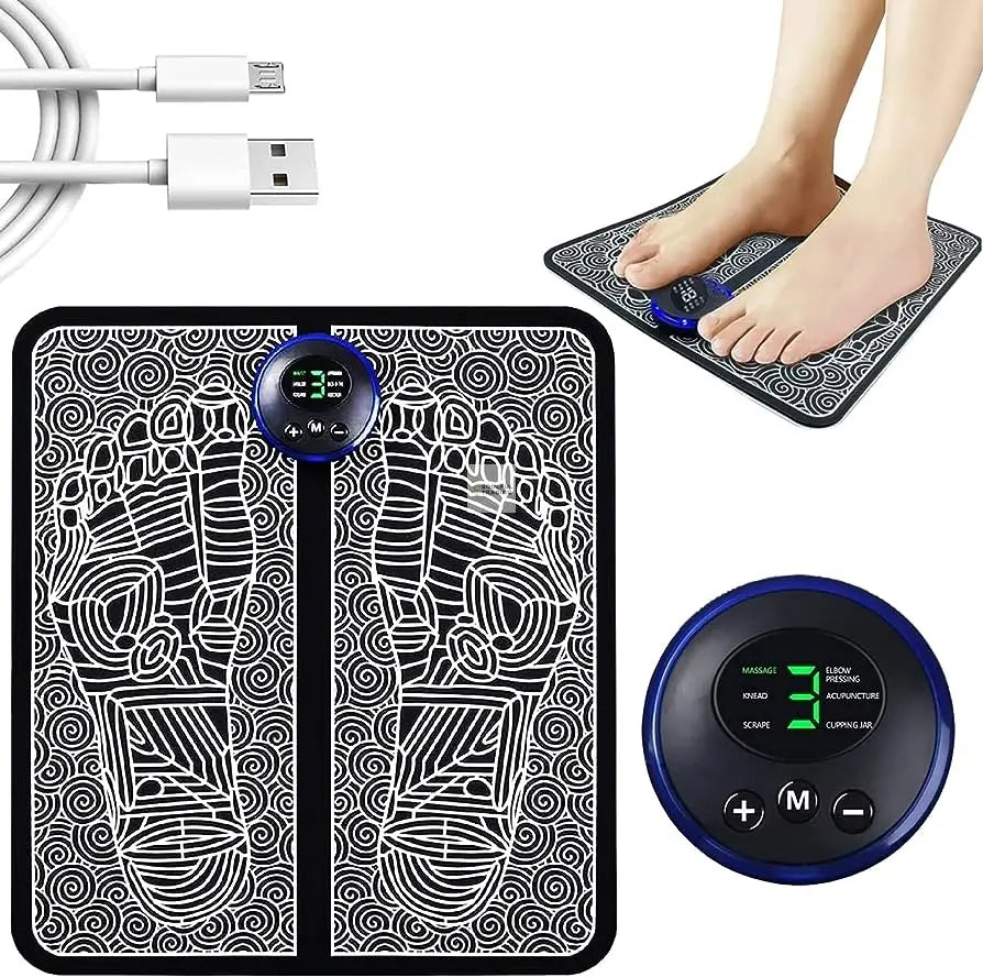Foot warming mat with digital temperature control, USB cables, and Soulful Trading EMS Foot Massager, featuring a black and white pattern design.