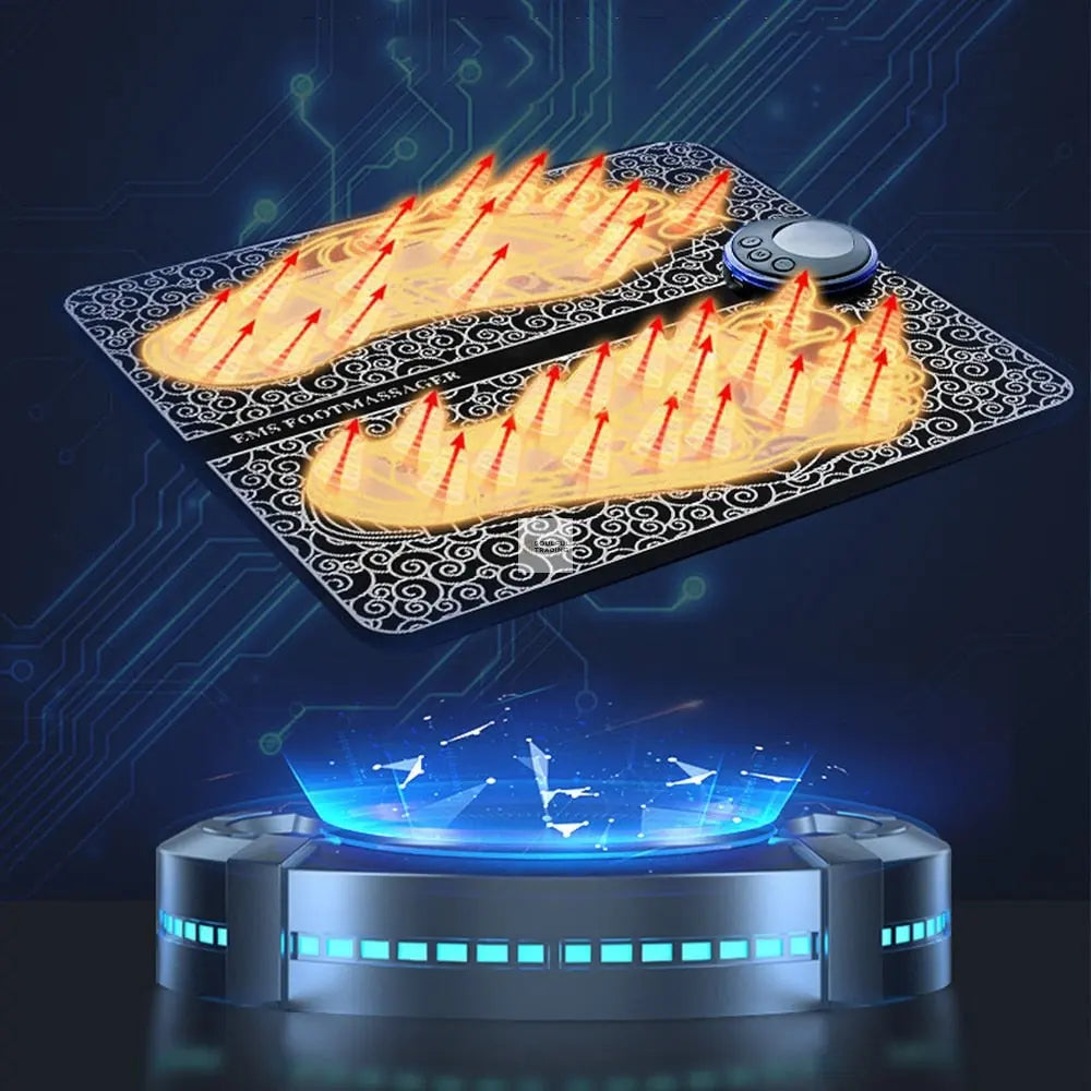 Two futuristic playing cards with fiery designs hover above a glowing blue Soulful Trading EMS Foot Massager platform against a digital background.