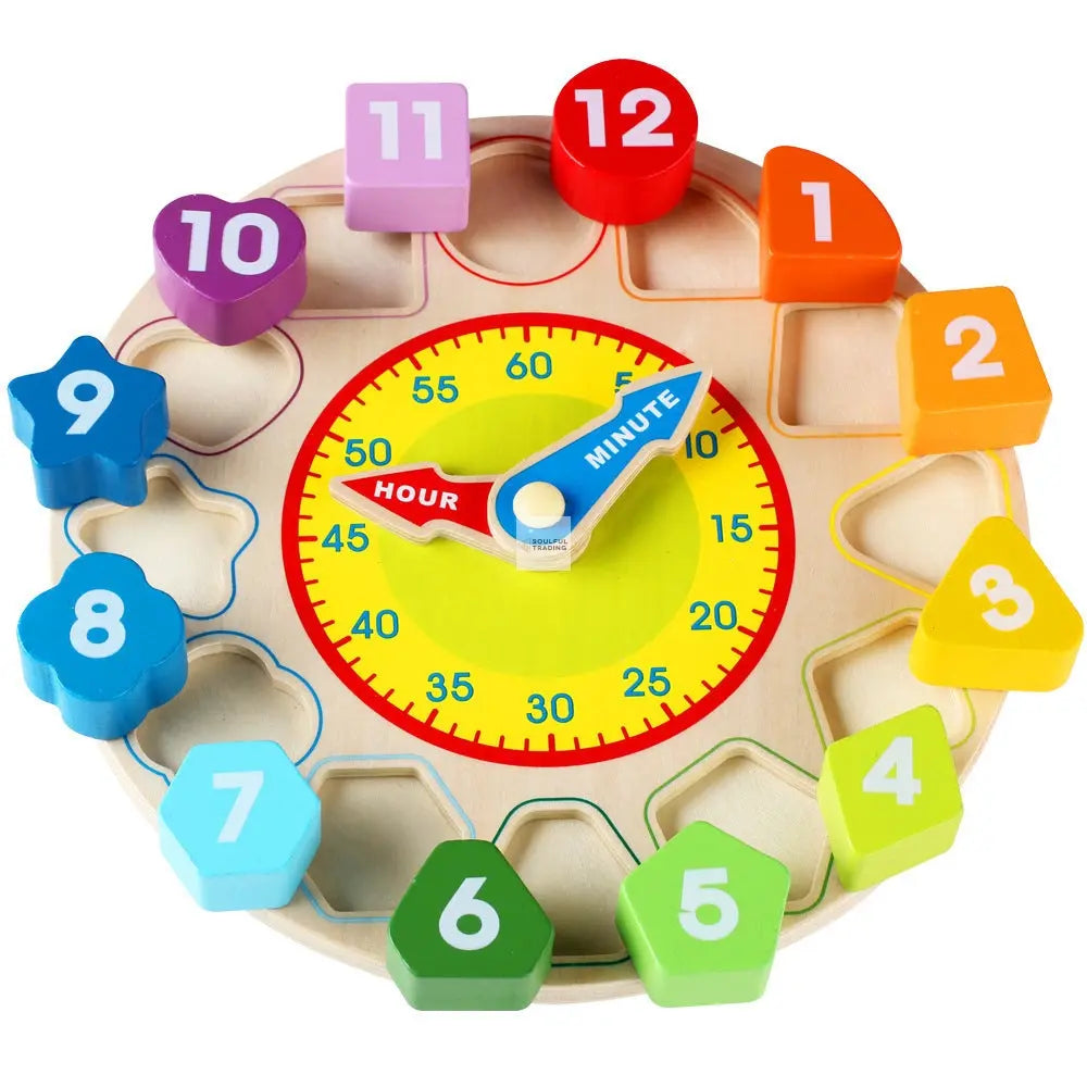 Soulful Trading Montessori Educational Wooden Digital Clock Beads with numbered blocks from 1 to 12 and movable hour and minute hands marked in minutes and hours.