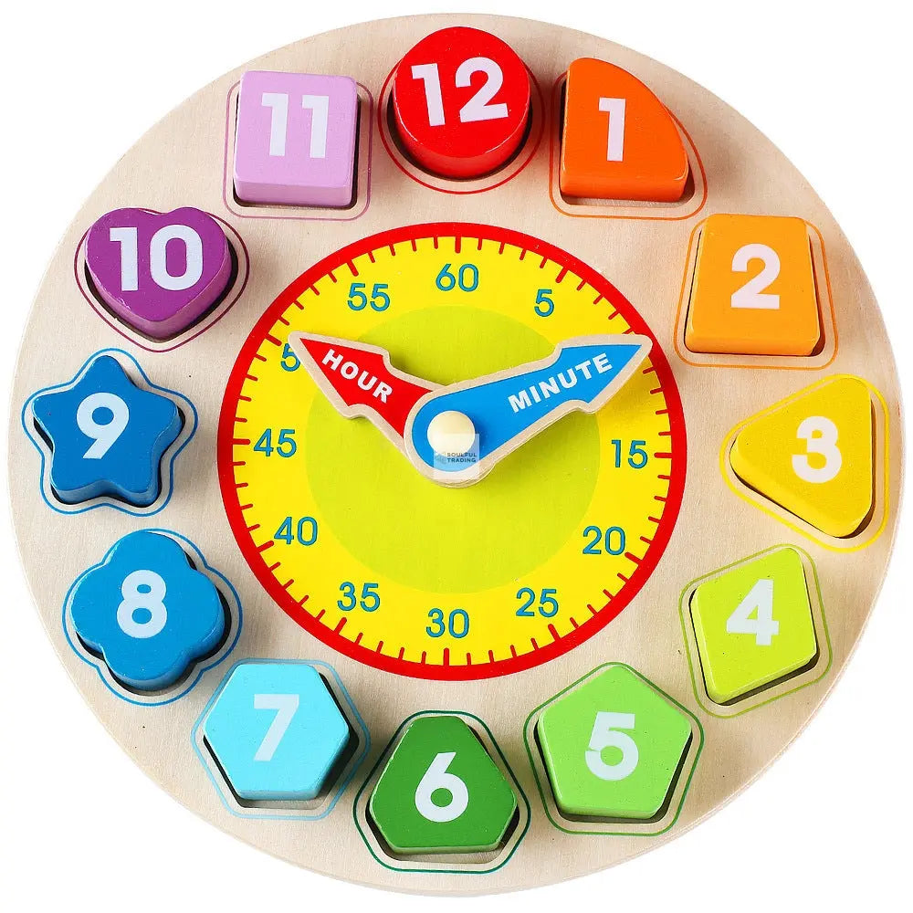 Colorful Soulful Trading Montessori Educational Wooden Digital Clock Beads with movable hands and numbered shape blocks on a circular base.