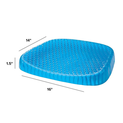 Home Essentials-5 Elastic Silicone Gel Cushion with honeycomb design and labeled dimensions of 16 inches by 14 inches and a thickness of 1.5 inches, ideal as a pressure relief seat cushion.