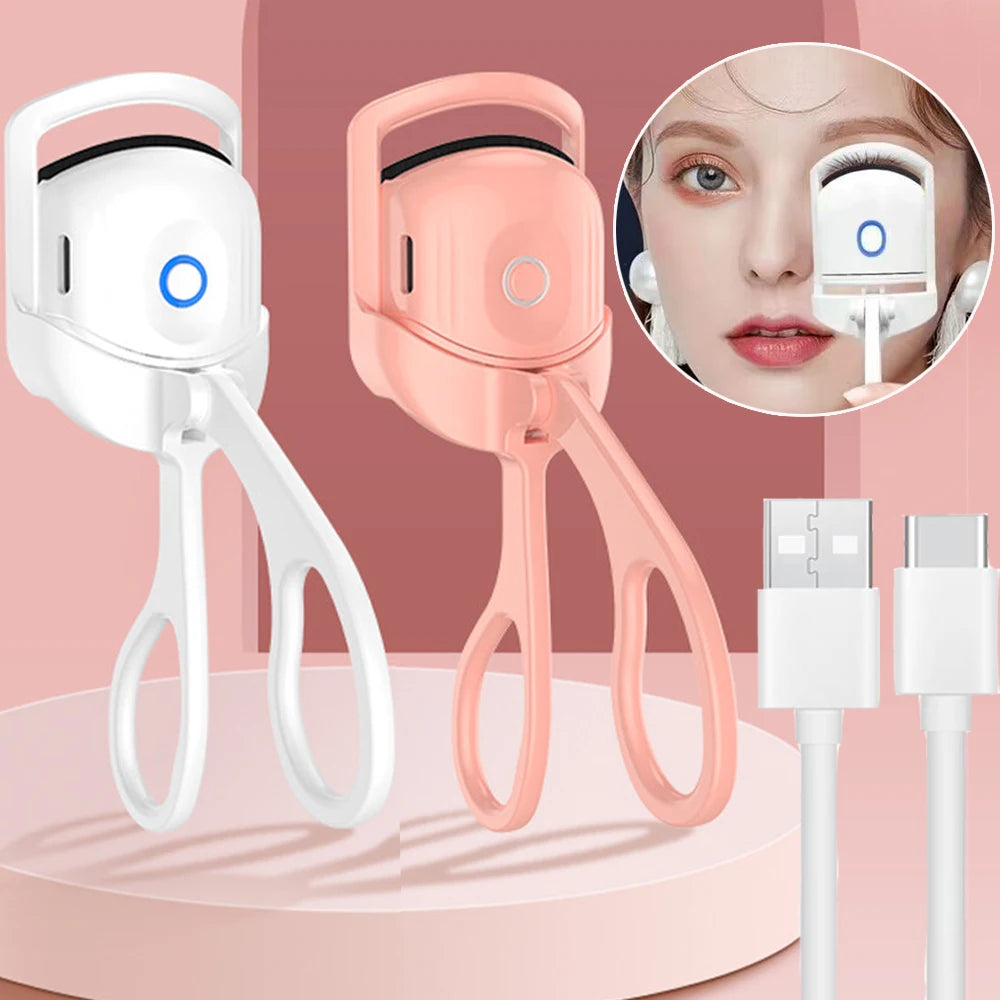 Soulful Trading Electric Eyelash Curler with automatic temperature control, available in white and pink, displayed with a charging cable and a close-up of a model&