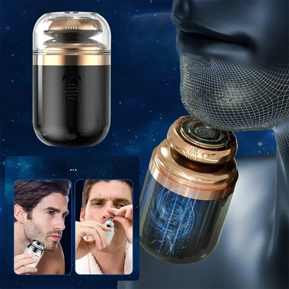 An advertisement for the Multifunction Capsule Razor by Soulful Trading featuring the portable device and close-up views of men shaving their beards.