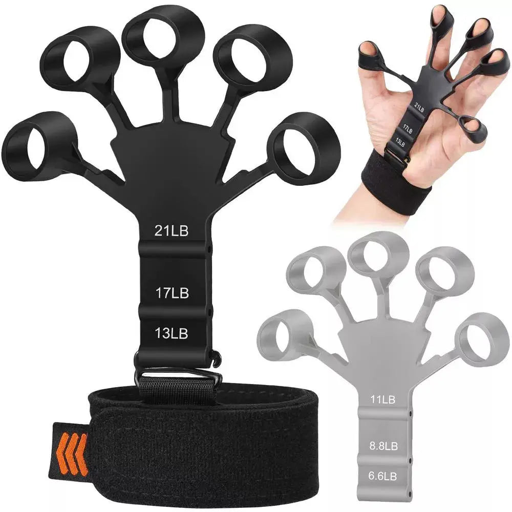 Hand wearing a Soulful Trading 6 Resistant Level Finger Exerciser with adjustable weight settings, alongside isolated images of the tool showing different weight capacities.