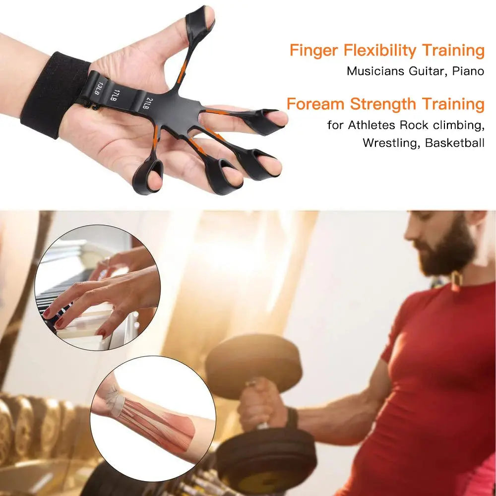 A hand wearing a Soulful Trading 6 Resistant Level Finger Exerciser, with insets showing its use for playing piano, lifting weights, and enhancing forearm strength.
