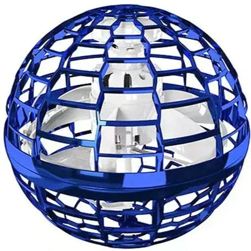 Blue spherical Soulful Trading Fly Nova Pro Drone Ball with a geometric metallic frame encasing a mirrored core, reflecting light.