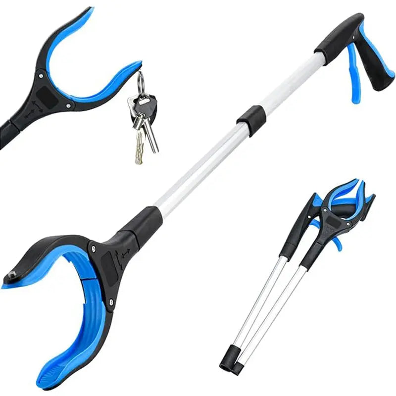 Two views of a blue and black Soulful Trading Foldable Grabber with 360° Swivel Clip with an ergonomic handle and a set of keys hanging from its magnetic point, displayed on a white background.