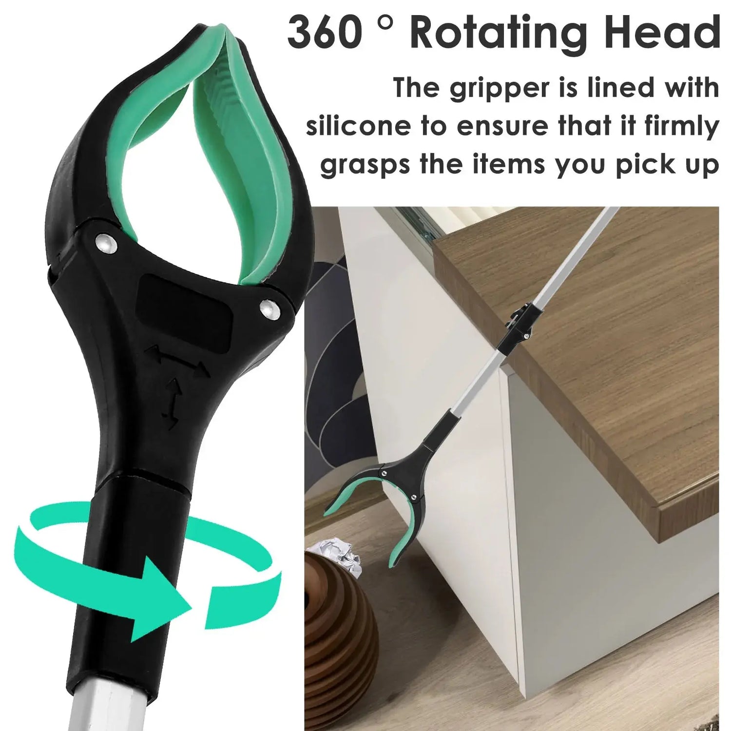 Close-up of a black and teal Soulful Trading Foldable Grabber with 360° Swivel Clip, demonstrated by an inset image showing its use for reaching objects in a cabinet.