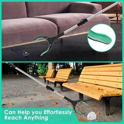 A Soulful Trading Foldable Grabber with 360° Swivel Clip tool displayed in two settings: indoors picking up a TV remote with its magnetic point, and outdoors grabbing litter near park benches. Highlighted ergonomic handle detail in inset.
